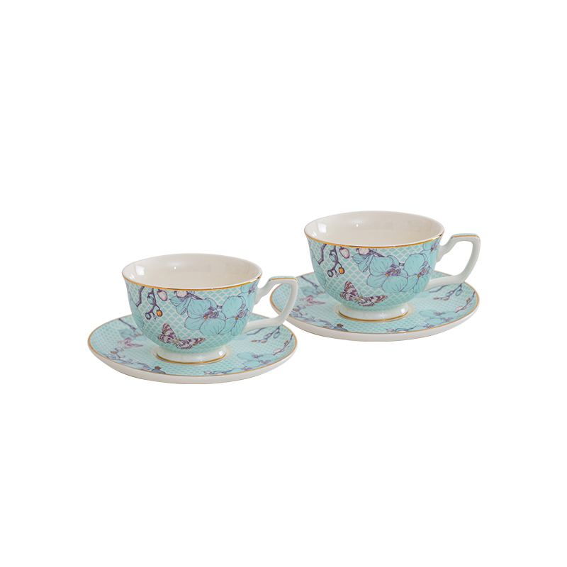 9 Fine Porcelain Tea Set – Blue 2 cups+ 2 saucers-the Charm of Orchids - Image 1