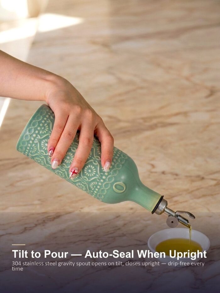 18oz Ceramic Oil Dispenser Bottle | Sage Green Reactive Glaze | Auto-Pour Gravity Spout | Wholesale OEM - Image 2