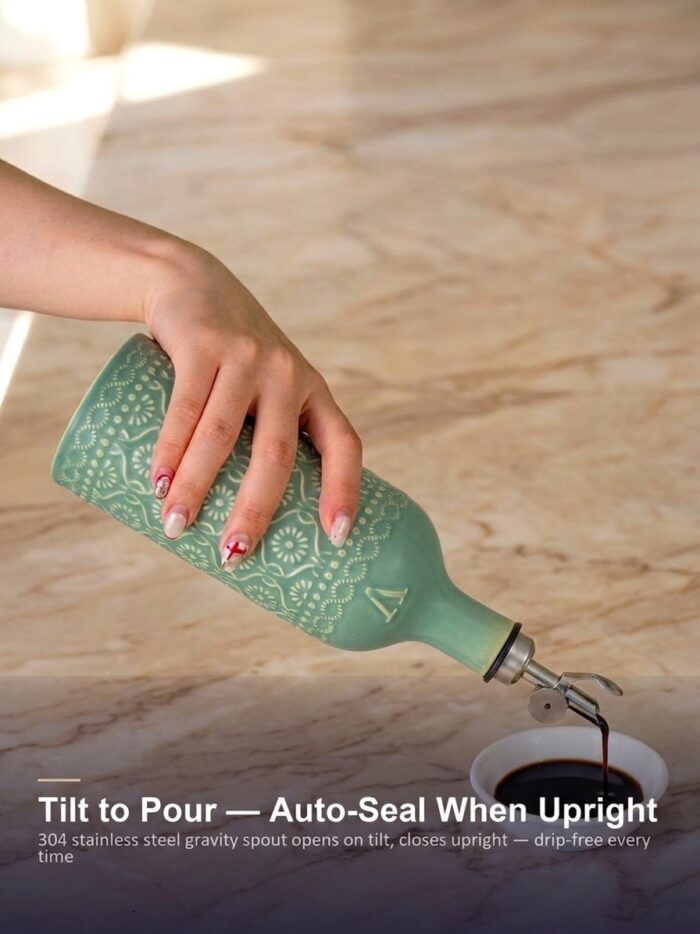 18oz Ceramic Vinegar Dispenser Bottle | Sage Green Reactive Glaze | Auto-Pour Gravity Spout | Wholesale OEM - Image 2