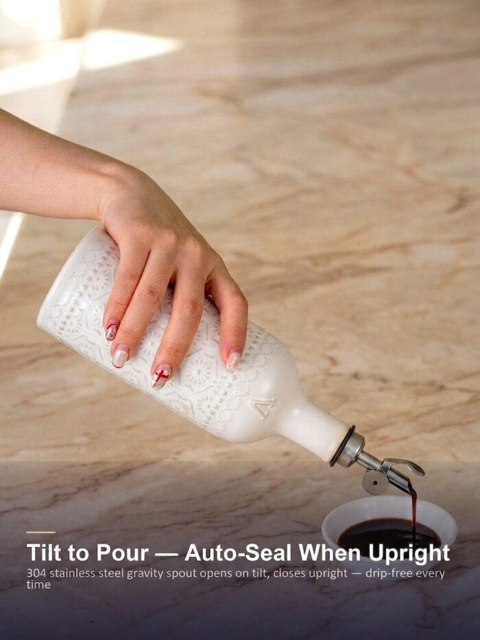 18oz Ceramic Vinegar Dispenser Bottle | Ivory White Glaze | Auto-Pour Gravity Spout | Wholesale OEM - Image 2