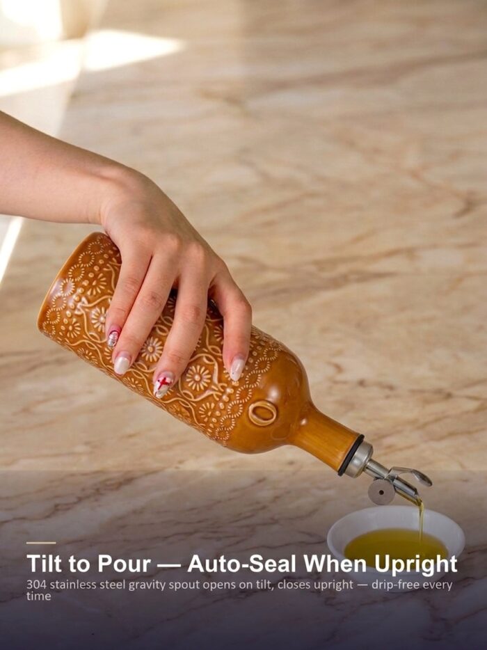 18oz Ceramic Vinegar Dispenser Bottle | Caramel Reactive Glaze | Auto-Pour Gravity Spout | Wholesale OEM - Image 3