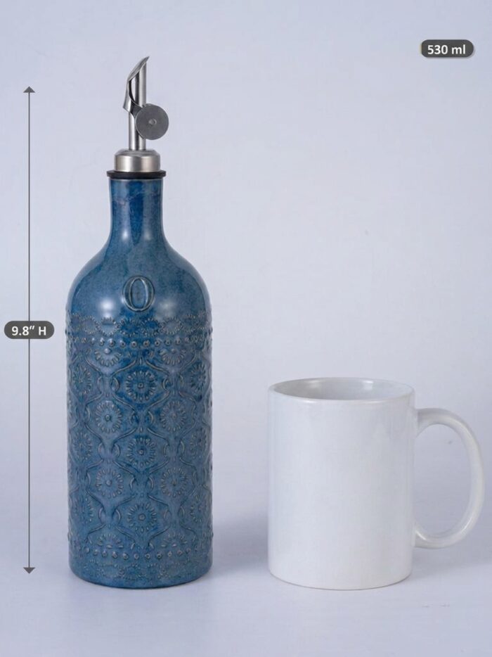 18oz Ceramic Oil Dispenser Bottle | Deep Blue Reactive Glaze | Auto-Pour Gravity Spout | Wholesale OEM - Image 3