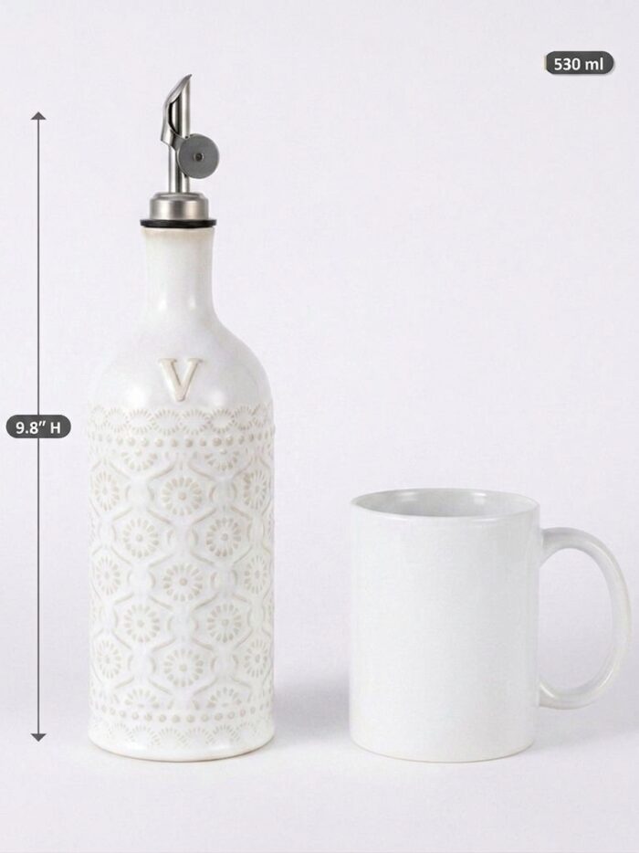 18oz Ceramic Vinegar Dispenser Bottle | Ivory White Glaze | Auto-Pour Gravity Spout | Wholesale OEM - Image 3