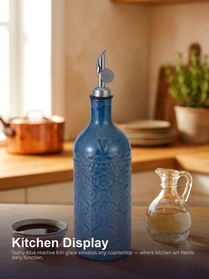 18oz Ceramic Vinegar Dispenser Bottle | Deep Blue Reactive Glaze | Auto-Pour Gravity Spout | Wholesale OEM - Image 3