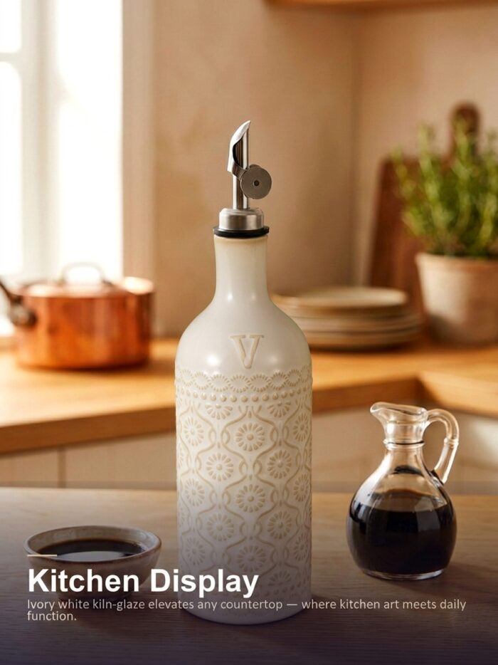 18oz Ceramic Vinegar Dispenser Bottle | Ivory White Glaze | Auto-Pour Gravity Spout | Wholesale OEM - Image 4