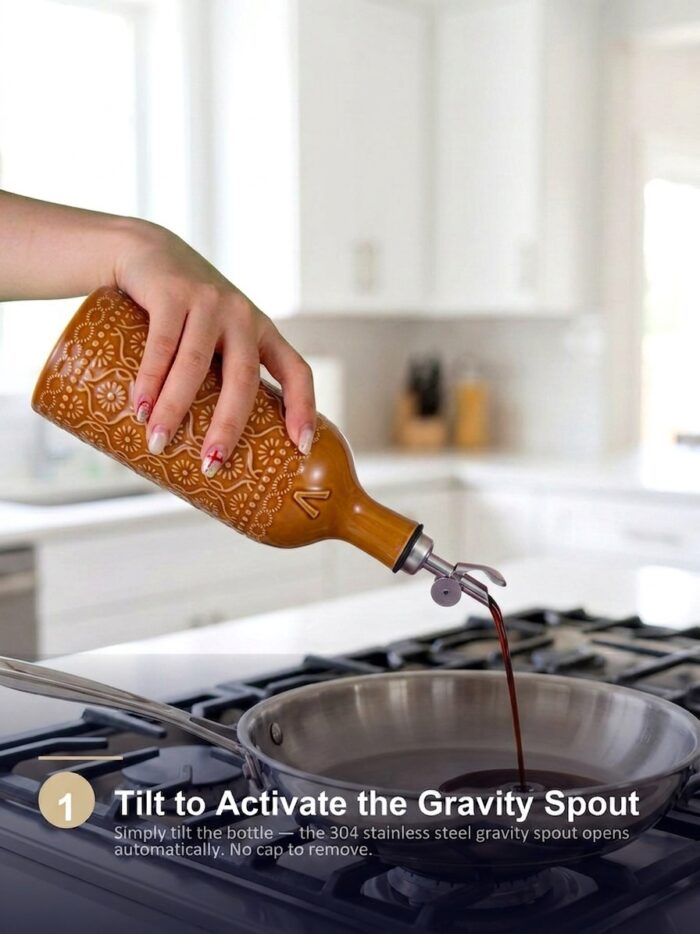 18oz Ceramic Vinegar Dispenser Bottle | Caramel Reactive Glaze | Auto-Pour Gravity Spout | Wholesale OEM - Image 8