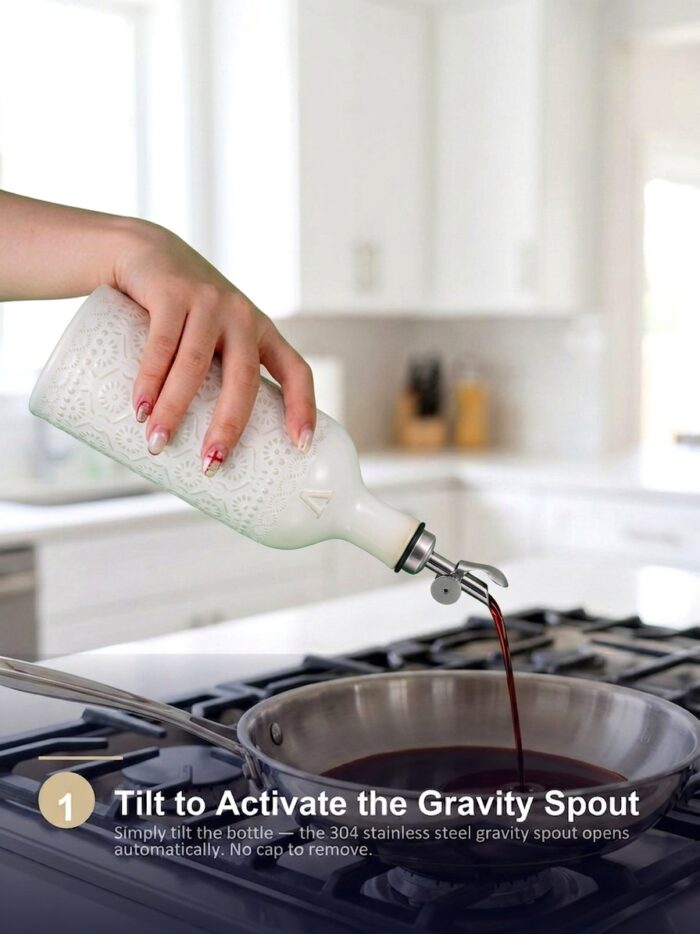18oz Ceramic Vinegar Dispenser Bottle | Ivory White Glaze | Auto-Pour Gravity Spout | Wholesale OEM - Image 5
