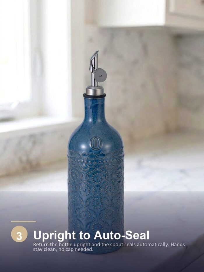 18oz Ceramic Oil Dispenser Bottle | Deep Blue Reactive Glaze | Auto-Pour Gravity Spout | Wholesale OEM - Image 6