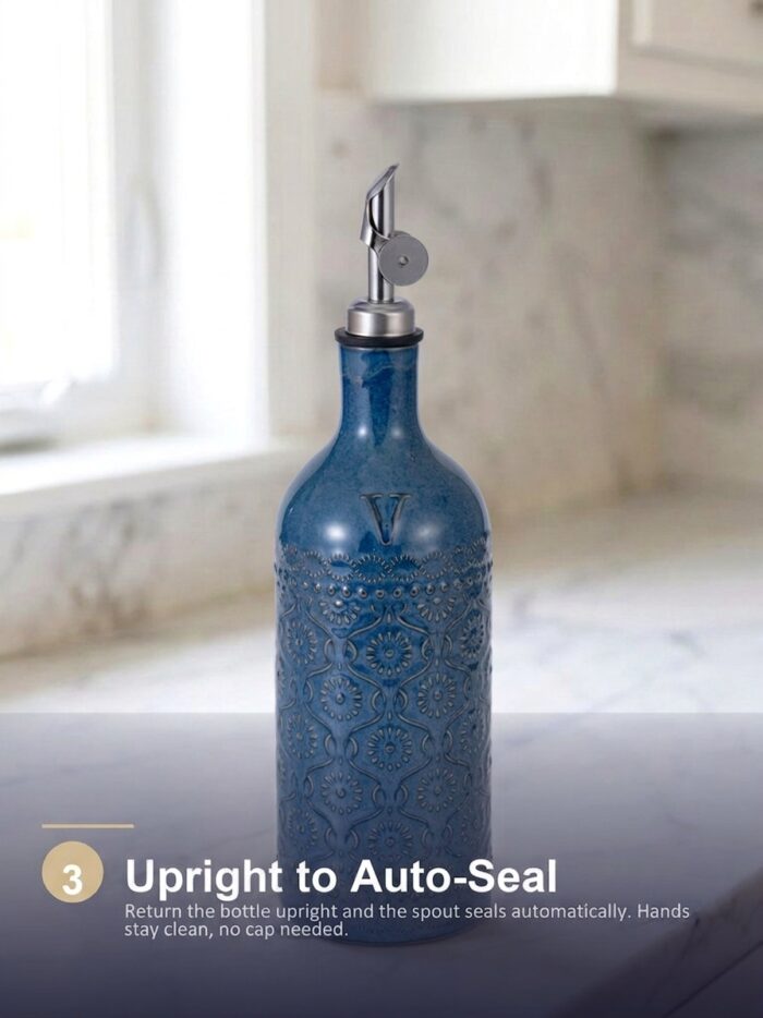18oz Ceramic Vinegar Dispenser Bottle | Deep Blue Reactive Glaze | Auto-Pour Gravity Spout | Wholesale OEM - Image 6