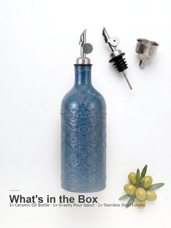 18oz Ceramic Oil Dispenser Bottle | Deep Blue Reactive Glaze | Auto-Pour Gravity Spout | Wholesale OEM - Image 8
