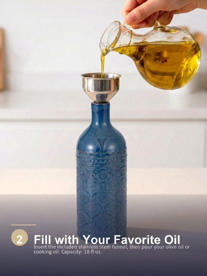 18oz Ceramic Oil Dispenser Bottle | Deep Blue Reactive Glaze | Auto-Pour Gravity Spout | Wholesale OEM - Image 10