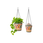 Stoneware Hanging Planters Set of 2 | Bohemian Tribal Geometric Moroccan Pattern | Iron Chain & S-Hook | Indoor Outdoor Boho Decor | Large 7" + Small 5" with Drainage Hole