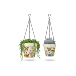 Stoneware Hanging Planters Set of 2 | Butterfly Garden Botanical Floral | Iron Chain & S-Hook | Indoor Outdoor Boho Decor | Large 7" + Small 5" with Drainage Hole