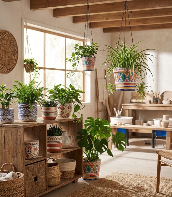 Stoneware Hanging Planters Set of 2 | Bohemian Tribal Geometric Moroccan Pattern | Iron Chain & S-Hook | Indoor Outdoor Boho Decor | Large 7" + Small 5" with Drainage Hole - Image 2