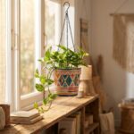 Stoneware Hanging Planters Set of 2 | Bohemian Tribal Geometric Moroccan Pattern | Iron Chain & S-Hook | Indoor Outdoor Boho Decor | Large 7" + Small 5" with Drainage Hole - Image 3