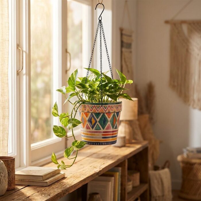 Stoneware Hanging Planters Set of 2 | Bohemian Tribal Geometric Moroccan Pattern | Iron Chain & S-Hook | Indoor Outdoor Boho Decor | Large 7" + Small 5" with Drainage Hole - Image 3