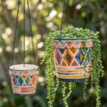 Stoneware Hanging Planters Set of 2 | Bohemian Tribal Geometric Moroccan Pattern | Iron Chain & S-Hook | Indoor Outdoor Boho Decor | Large 7" + Small 5" with Drainage Hole - Image 4