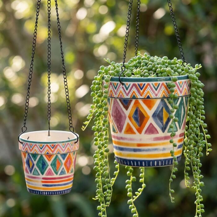 Stoneware Hanging Planters Set of 2 | Bohemian Tribal Geometric Moroccan Pattern | Iron Chain & S-Hook | Indoor Outdoor Boho Decor | Large 7" + Small 5" with Drainage Hole - Image 4
