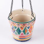 Stoneware Hanging Planters Set of 2 | Bohemian Tribal Geometric Moroccan Pattern | Iron Chain & S-Hook | Indoor Outdoor Boho Decor | Large 7" + Small 5" with Drainage Hole - Image 5
