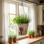 Stoneware Hanging Planters Set of 2 | Lavender Sunflower Bee & Butterfly Floral | Iron Chain & S-Hook | Indoor Outdoor Boho Decor | Large 7" + Small 5" with Drainage Hole - Image 2