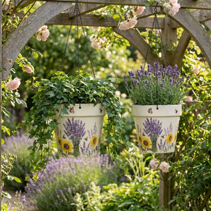 Stoneware Hanging Planters Set of 2 | Lavender Sunflower Bee & Butterfly Floral | Iron Chain & S-Hook | Indoor Outdoor Boho Decor | Large 7" + Small 5" with Drainage Hole - Image 3