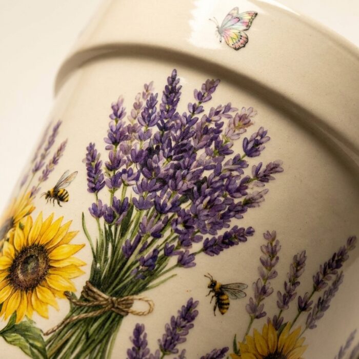 Stoneware Hanging Planters Set of 2 | Lavender Sunflower Bee & Butterfly Floral | Iron Chain & S-Hook | Indoor Outdoor Boho Decor | Large 7" + Small 5" with Drainage Hole - Image 4