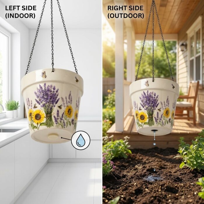 Stoneware Hanging Planters Set of 2 | Lavender Sunflower Bee & Butterfly Floral | Iron Chain & S-Hook | Indoor Outdoor Boho Decor | Large 7" + Small 5" with Drainage Hole - Image 5