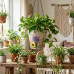 Stoneware Hanging Planters Set of 2 | Lavender Sunflower Bee & Butterfly Floral | Iron Chain & S-Hook | Indoor Outdoor Boho Decor | Large 7" + Small 5" with Drainage Hole - Image 6