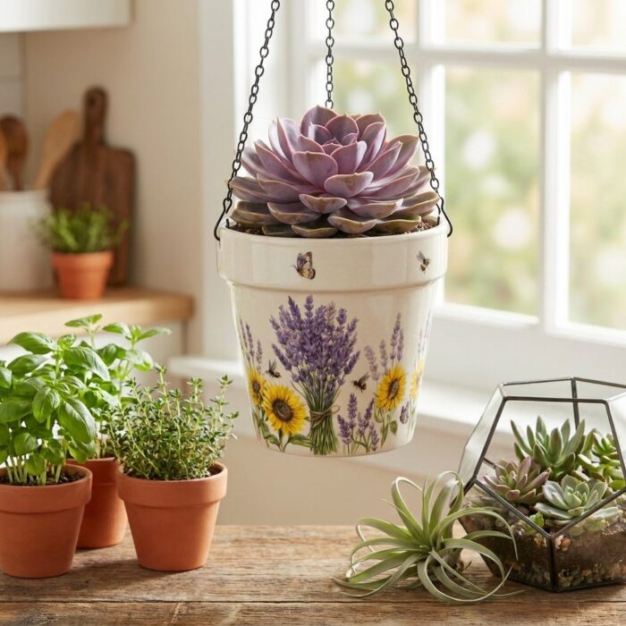 Stoneware Hanging Planters Set of 2 | Lavender Sunflower Bee & Butterfly Floral | Iron Chain & S-Hook | Indoor Outdoor Boho Decor | Large 7" + Small 5" with Drainage Hole - Image 7