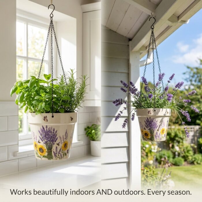 Stoneware Hanging Planters Set of 2 | Lavender Sunflower Bee & Butterfly Floral | Iron Chain & S-Hook | Indoor Outdoor Boho Decor | Large 7" + Small 5" with Drainage Hole - Image 8