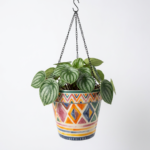 Stoneware Hanging Planters Set of 2 | Bohemian Tribal Geometric Moroccan Pattern | Iron Chain & S-Hook | Indoor Outdoor Boho Decor | Large 7" + Small 5" with Drainage Hole - Image 6