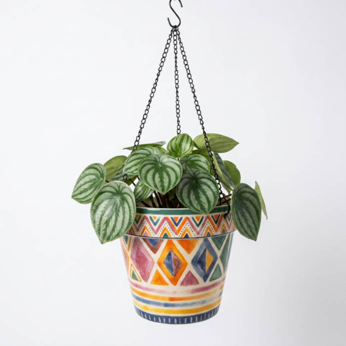 Stoneware Hanging Planters Set of 2 | Bohemian Tribal Geometric Moroccan Pattern | Iron Chain & S-Hook | Indoor Outdoor Boho Decor | Large 7" + Small 5" with Drainage Hole - Image 6