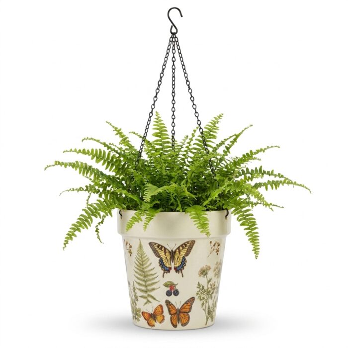 Stoneware Hanging Planters Set of 2 | Butterfly Garden Botanical Floral | Iron Chain & S-Hook | Indoor Outdoor Boho Decor | Large 7" + Small 5" with Drainage Hole - Image 2