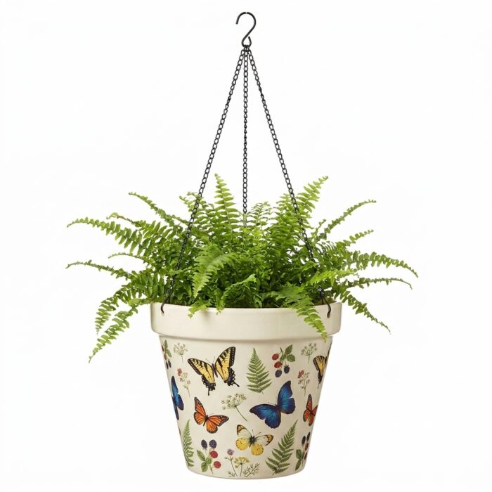 Stoneware Hanging Planters Set of 2 | Butterfly Garden Botanical Floral | Iron Chain & S-Hook | Indoor Outdoor Boho Decor | Large 7" + Small 5" with Drainage Hole - Image 3
