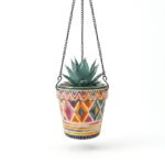 Stoneware Hanging Planters Set of 2 | Bohemian Tribal Geometric Moroccan Pattern | Iron Chain & S-Hook | Indoor Outdoor Boho Decor | Large 7" + Small 5" with Drainage Hole - Image 7