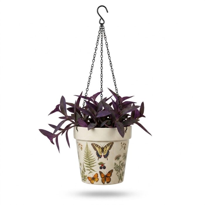 Stoneware Hanging Planters Set of 2 | Butterfly Garden Botanical Floral | Iron Chain & S-Hook | Indoor Outdoor Boho Decor | Large 7" + Small 5" with Drainage Hole - Image 4
