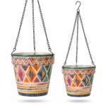 Stoneware Hanging Planters Set of 2 | Bohemian Tribal Geometric Moroccan Pattern | Iron Chain & S-Hook | Indoor Outdoor Boho Decor | Large 7" + Small 5" with Drainage Hole - Image 8