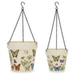 Stoneware Hanging Planters Set of 2 | Butterfly Garden Botanical Floral | Iron Chain & S-Hook | Indoor Outdoor Boho Decor | Large 7" + Small 5" with Drainage Hole - Image 5