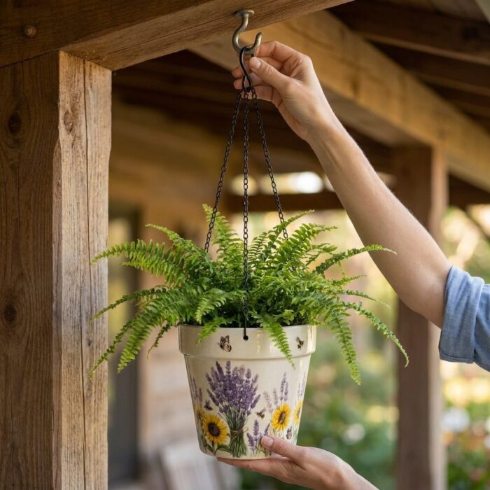 Stoneware Hanging Planters Set of 2 | Lavender Sunflower Bee & Butterfly Floral | Iron Chain & S-Hook | Indoor Outdoor Boho Decor | Large 7" + Small 5" with Drainage Hole - Image 10