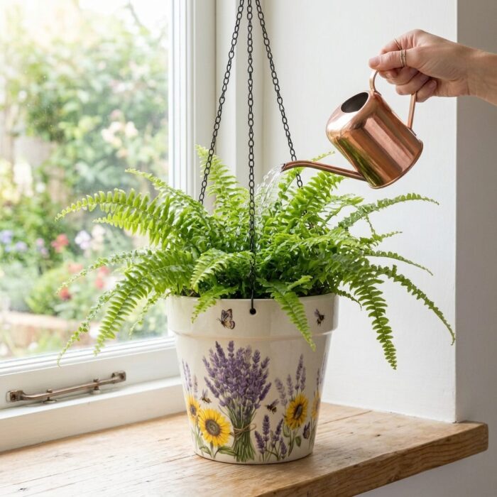 Stoneware Hanging Planters Set of 2 | Lavender Sunflower Bee & Butterfly Floral | Iron Chain & S-Hook | Indoor Outdoor Boho Decor | Large 7" + Small 5" with Drainage Hole - Image 11