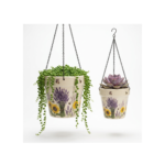 Stoneware Hanging Planters Set of 2 | Lavender Sunflower Bee & Butterfly Floral | Iron Chain & S-Hook | Indoor Outdoor Boho Decor | Large 7" + Small 5" with Drainage Hole